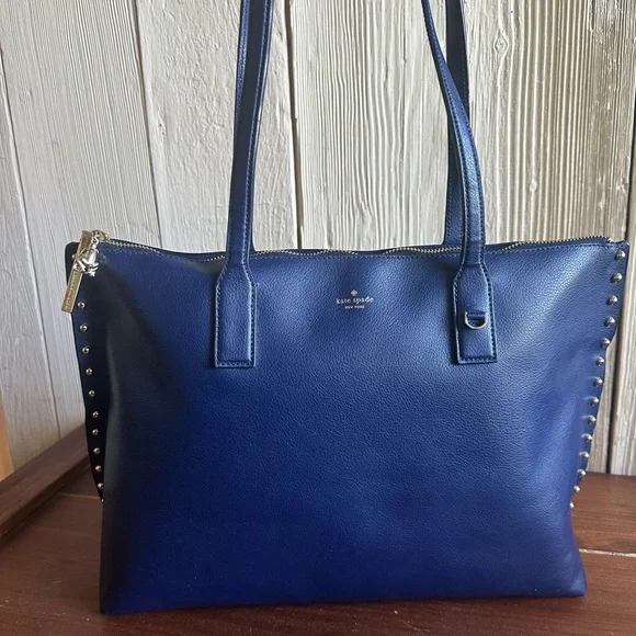 Kate Spade On Purpose Navy Leather Studded Tote Rwanda + MagSafe Wallet NWT - Picture 3 of 12